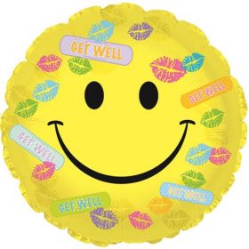 18 inch Get Well Bandaids & Kisses Smiley Circle Foil Mylar Balloon