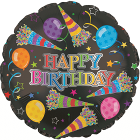 18 inch Foil Mylar Circle Rainbow Happy Birthday Party Horns Balloon - Flat