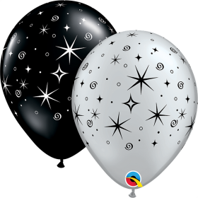 11 inch Qualatex Sparkles & Swirls Silver & Black Latex Balloon - 50 count