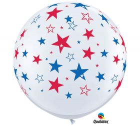 Qualatex Big Red and Blue Stars Around 36 inch White Latex Balloons - 2 count