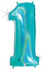 34 inch Betallic Glitter Robin's Egg Blue Number 0 Foil Balloon  - Pkg
