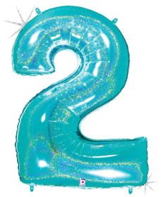 34 inch Betallic Glitter Robin's Egg Blue Number 2 Foil Balloon  - Pkg