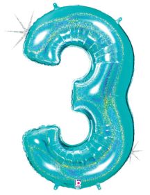 34 inch Betallic Glitter Robin's Egg Blue Number 3 Foil Balloon  - Pkg