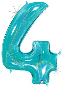 34 inch Betallic Glitter Robin's Egg Blue Number 4 Foil Balloon  - Pkg