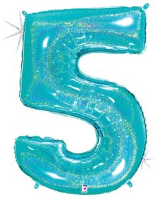 34 inch Betallic Glitter Robin's Egg Blue Number 5 Foil Balloon  - Pkg