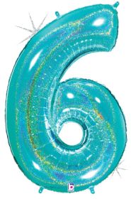 34 inch Betallic Glitter Robin's Egg Blue Number 6 Foil Balloon  - Pkg