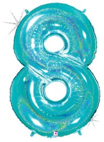 34 inch Betallic Glitter Robin's Egg Blue Number 8 Foil Balloon  - Pkg