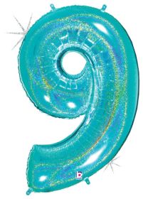 34 inch Betallic Glitter Robin's Egg Blue Number 9 Foil Balloon  - Pkg
