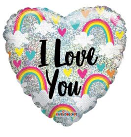 18 inch Kaleidoscope I Love You Rainbow and Hearts Holographic Foil Heart Balloon - flat
