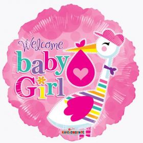 18 inch Welcome Baby Girl Stork Circle Foil Mylar Balloon