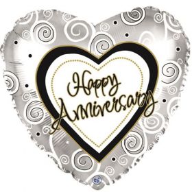 18 inch Foil Mylar Heart Happy Anniversary Swirls Silver Balloon