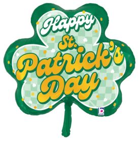 30 inch Betallic St Pat's Checkered Shamrock Shape Foil Balloon - flat