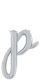 14 inch Betalllic Silver Script Letter p Foil Balloon - Pkg - AIR FILL ONLY