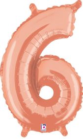 14 inch Betalllic Rose Gold Number 6 Foil Balloon - Pkg - AIR FILL ONLY