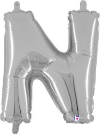 14 inch Betalllic Silver Letter N Foil Balloon - Pkg - AIR FILL ONLY