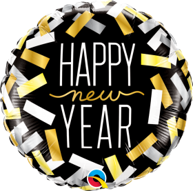 Qualatex 18 inch Foil Mylar Happy New Year Confetti Strips Round Balloon