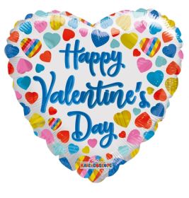 18 inch Kaledioscope Happy Valentine's Day Multicolor Hearts Foil Heart Balloon - flat