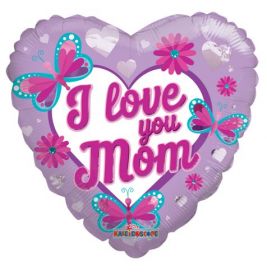 18 inch I Love You Mom Butterflies & Flowers Foil Heart Balloon - flat