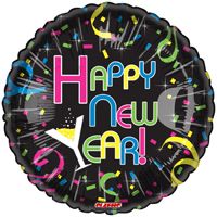 18 inch Foil Mylar Happy New Year Round Balloon - Colorful Confetti Black