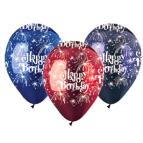 12 inch CTI Happy Birthday Fireworks Latex Balloons Crystal Assorted - 50 count
