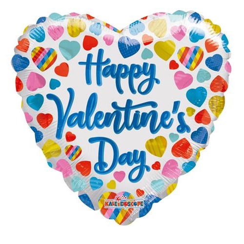 18 inch Kaledioscope Happy Valentine's Day Multicolor Hearts Foil Heart Balloon - flat